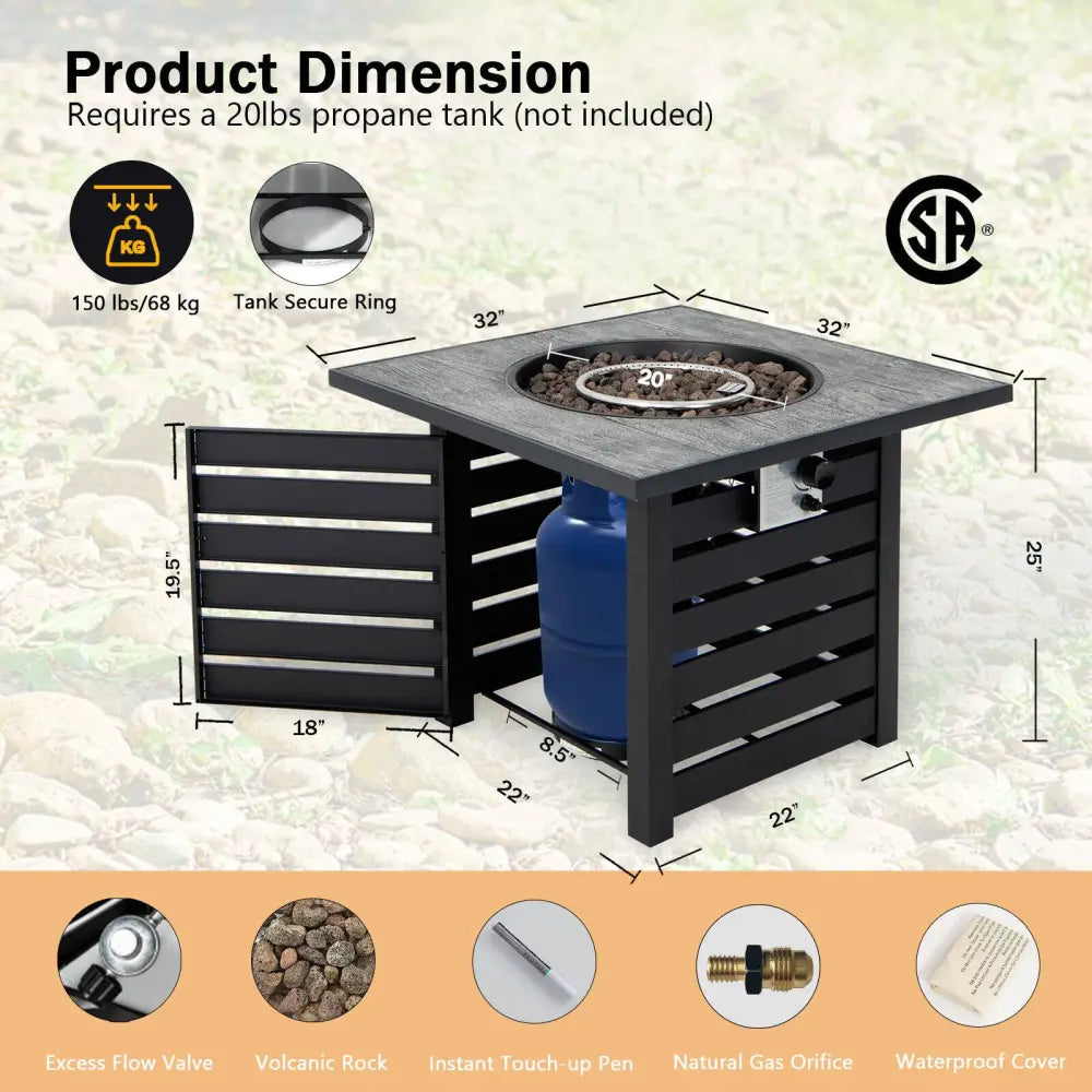 Square Propane Fire Pit Table with Lava Rocks and Rain Cover - Black - Fire Pit Tables