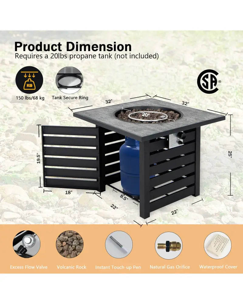 Square Propane Fire Pit Table with Lava Rocks and Rain Cover - Black - Fire Pit Tables