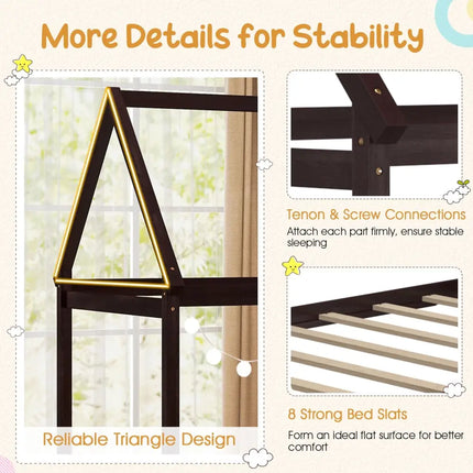 Stable Kids Platform Floor Bed with Roof and Heavy-Duty Slats-Espresso - Espresso - Simple Bed Frame