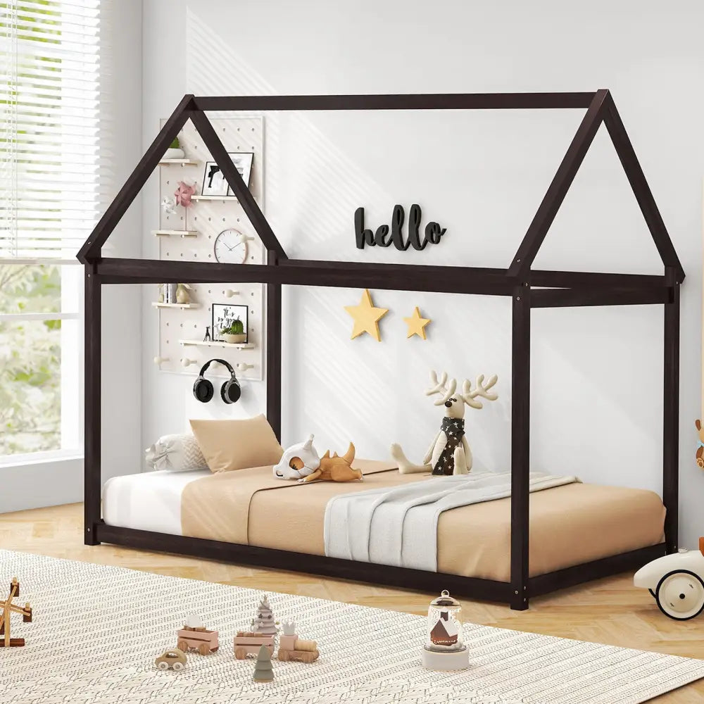 Stable Kids Platform Floor Bed with Roof and Heavy-Duty Slats-Espresso - Espresso - Simple Bed Frame