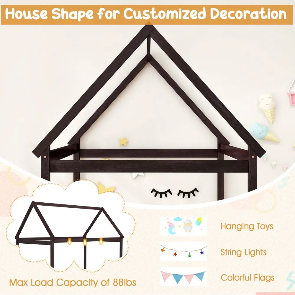 Stable Kids Platform Floor Bed with Roof and Heavy-Duty Slats-Espresso - Espresso - Simple Bed Frame