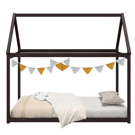 Stable Kids Platform Floor Bed with Roof and Heavy-Duty Slats-Espresso - Espresso - Simple Bed Frame