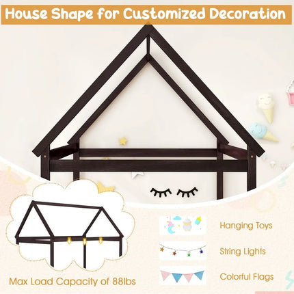 Stable Kids Platform Floor Bed with Roof and Heavy-Duty Slats-Espresso - Espresso - Simple Bed Frame