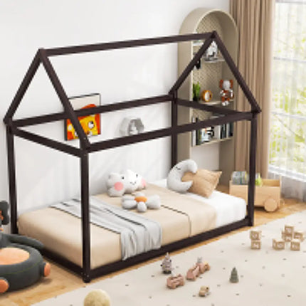 Stable Kids Platform Floor Bed with Roof and Heavy-Duty Slats-Espresso - Espresso - Simple Bed Frame