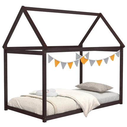 Stable Kids Platform Floor Bed with Roof and Heavy-Duty Slats-Espresso - Espresso - Simple Bed Frame