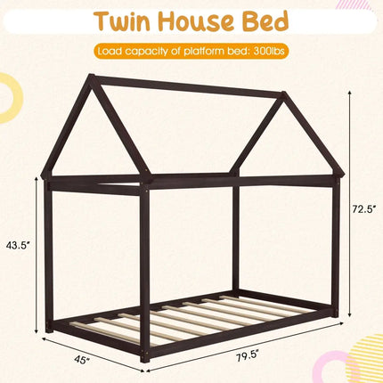 Stable Kids Platform Floor Bed with Roof and Heavy-Duty Slats-Espresso - Espresso - Simple Bed Frame