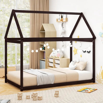 Stable Kids Platform Floor Bed with Roof and Heavy-Duty Slats-Espresso - Espresso - Simple Bed Frame