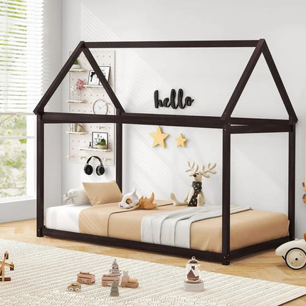 Stable Kids Platform Floor Bed with Roof and Heavy-Duty Slats-Espresso - Espresso - Simple Bed Frame