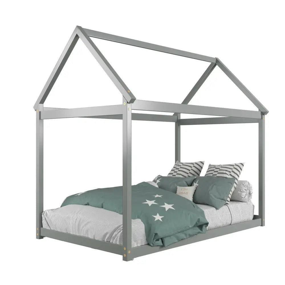 Stable Kids Platform Floor Bed with Roof and Heavy-Duty Slats-Gray - Gray - Simple Bed Frame