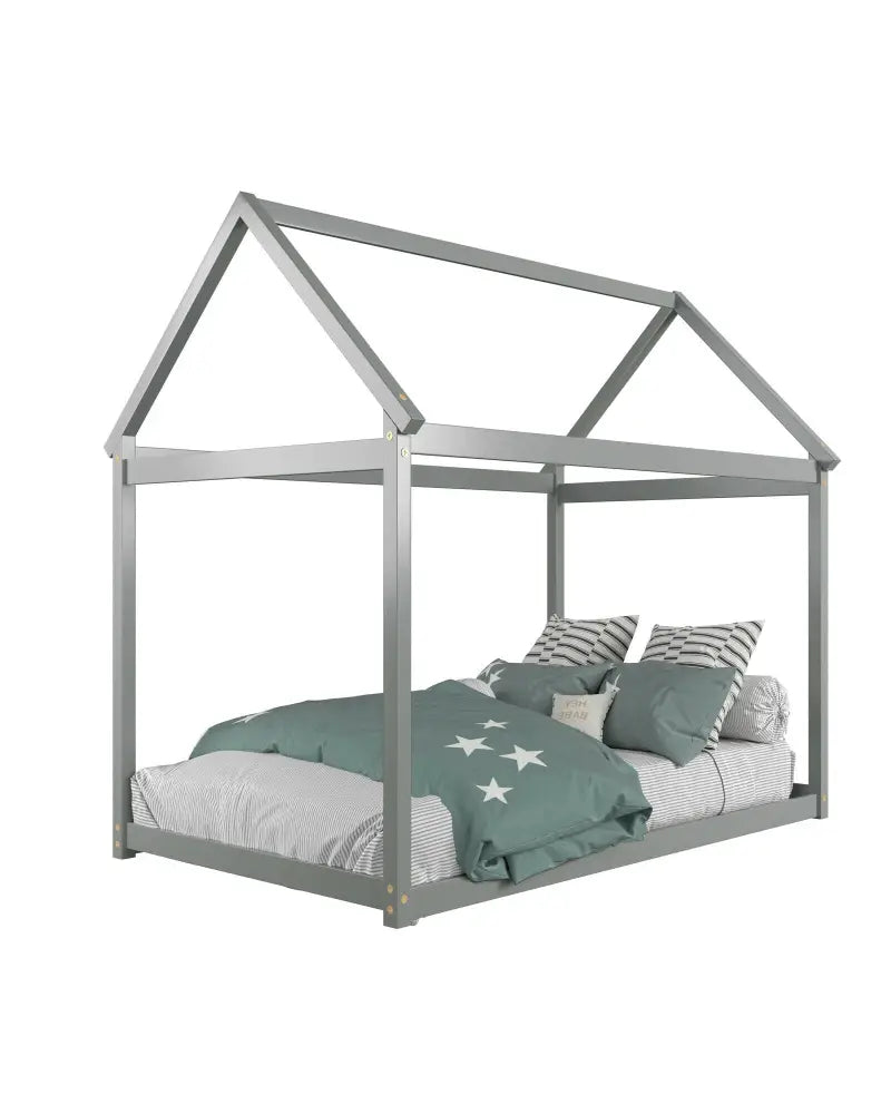 Stable Kids Platform Floor Bed with Roof and Heavy-Duty Slats-Gray - Gray - Simple Bed Frame