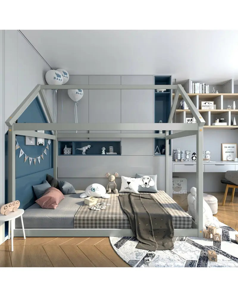 Stable Kids Platform Floor Bed with Roof and Heavy-Duty Slats-Gray - Gray - Simple Bed Frame