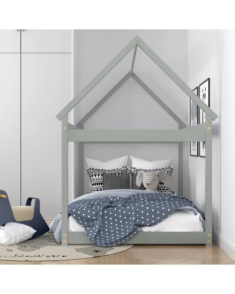 Stable Kids Platform Floor Bed with Roof and Heavy-Duty Slats-Gray - Gray - Simple Bed Frame