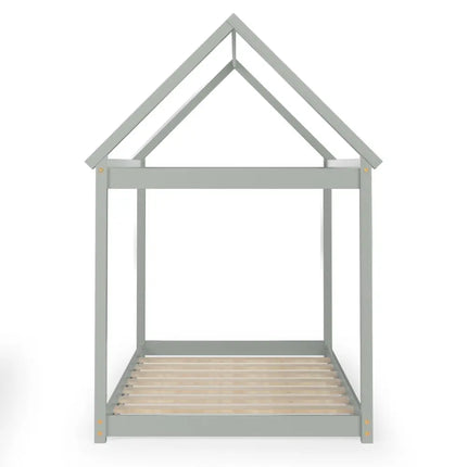 Stable Kids Platform Floor Bed with Roof and Heavy-Duty Slats-Gray - Gray - Simple Bed Frame