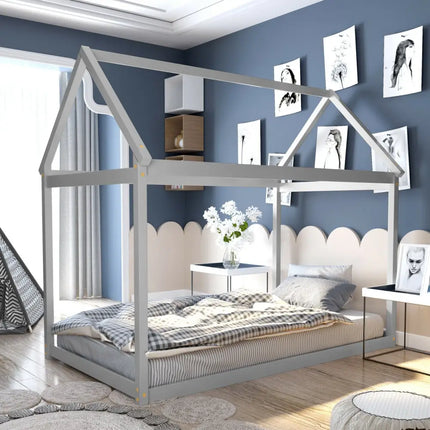 Stable Kids Platform Floor Bed with Roof and Heavy-Duty Slats-Gray - Gray - Simple Bed Frame