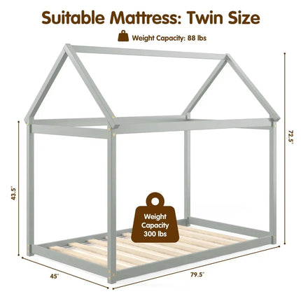 Stable Kids Platform Floor Bed with Roof and Heavy-Duty Slats-Gray - Gray - Simple Bed Frame