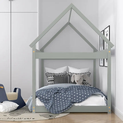 Stable Kids Platform Floor Bed with Roof and Heavy-Duty Slats-Gray - Gray - Simple Bed Frame