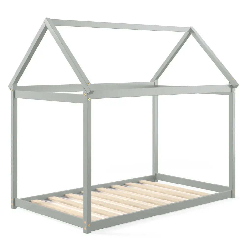 Stable Kids Platform Floor Bed with Roof and Heavy-Duty Slats-Gray - Gray - Simple Bed Frame