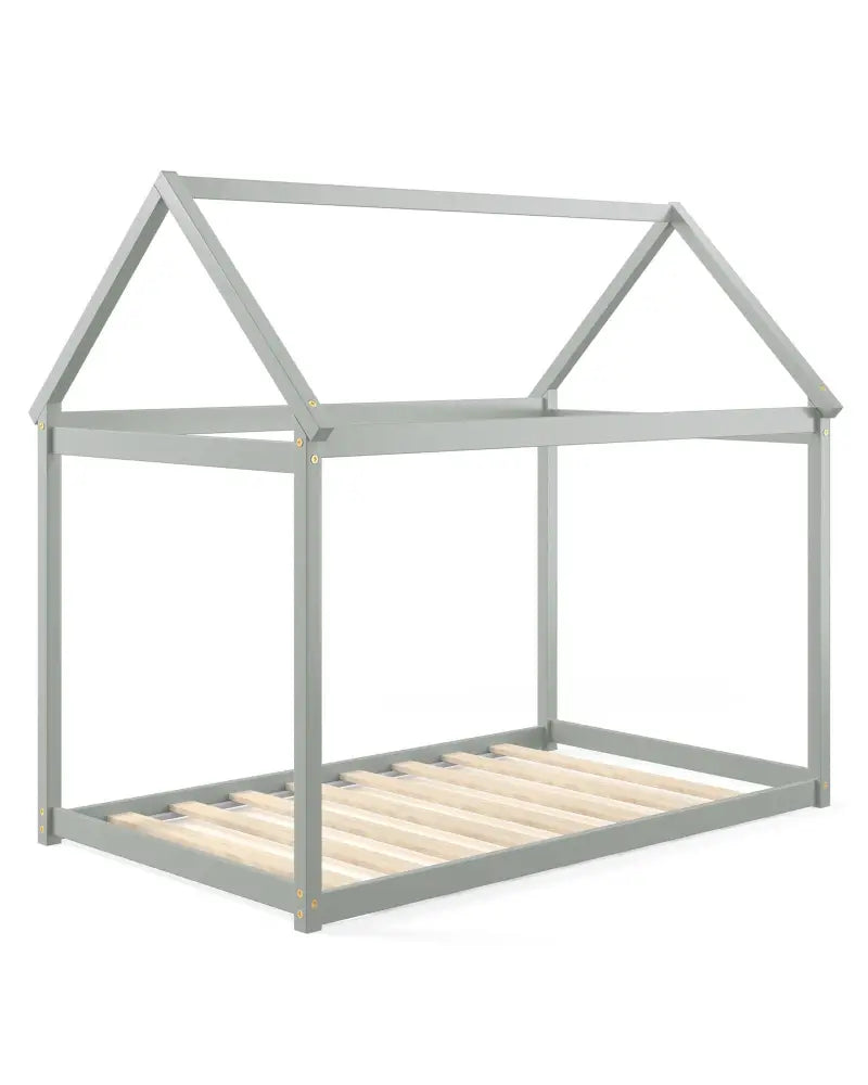 Stable Kids Platform Floor Bed with Roof and Heavy-Duty Slats-Gray - Gray - Simple Bed Frame