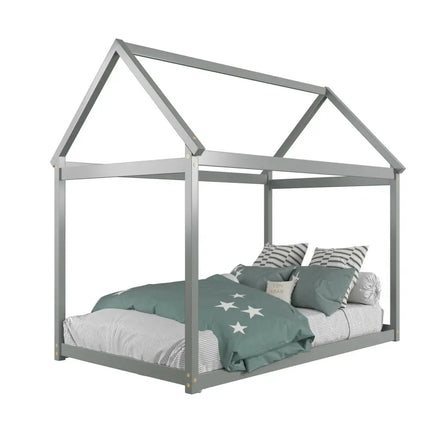 Stable Kids Platform Floor Bed with Roof and Heavy-Duty Slats-Gray - Gray - Simple Bed Frame