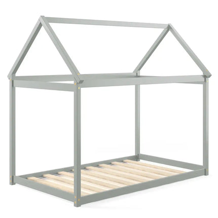 Stable Kids Platform Floor Bed with Roof and Heavy-Duty Slats-Gray - Gray - Simple Bed Frame