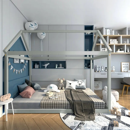 Stable Kids Platform Floor Bed with Roof and Heavy-Duty Slats-Gray - Gray - Simple Bed Frame