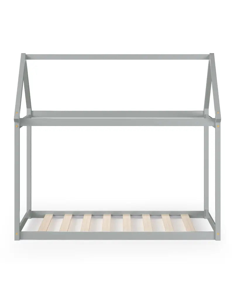 Stable Kids Platform Floor Bed with Roof and Heavy-Duty Slats-Gray - Gray - Simple Bed Frame