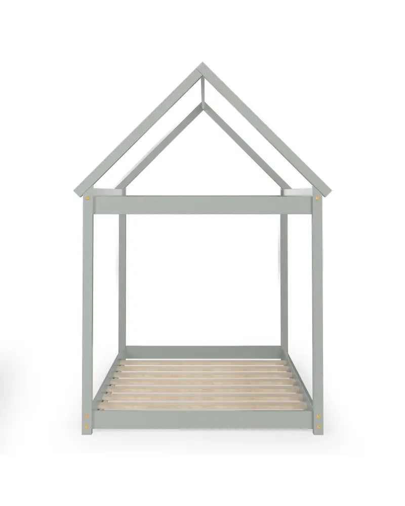 Stable Kids Platform Floor Bed with Roof and Heavy-Duty Slats-Gray - Gray - Simple Bed Frame