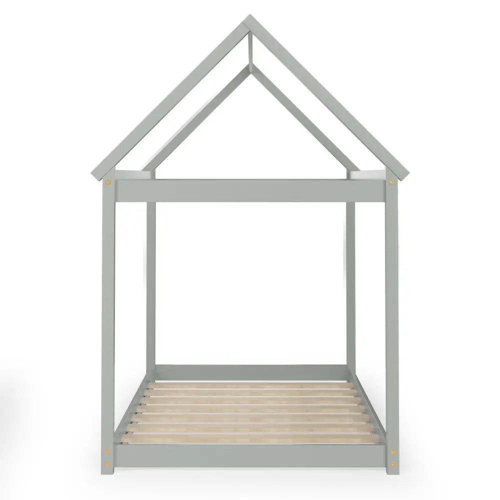 Stable Kids Platform Floor Bed with Roof and Heavy-Duty Slats-Gray - Gray - Simple Bed Frame