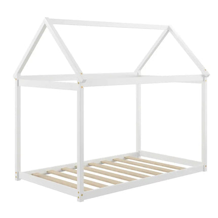 Stable Kids Platform Floor Bed with Roof ang Heavy-Duty Slats-White - White - Simple Bed Frame