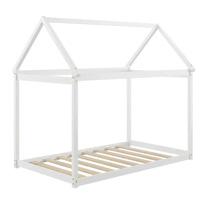 Stable Kids Platform Floor Bed with Roof ang Heavy-Duty Slats-White - White - Simple Bed Frame