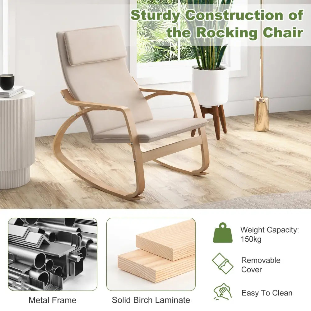 Stable Wooden Frame Leisure Rocking Chair with Removable Upholstered Cushion-Beige - Beige - Recliners