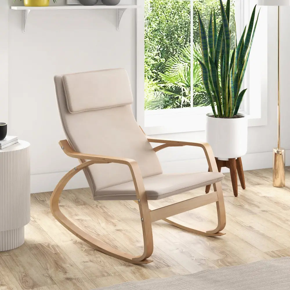 Stable Wooden Frame Leisure Rocking Chair with Removable Upholstered Cushion-Beige - Beige - Recliners