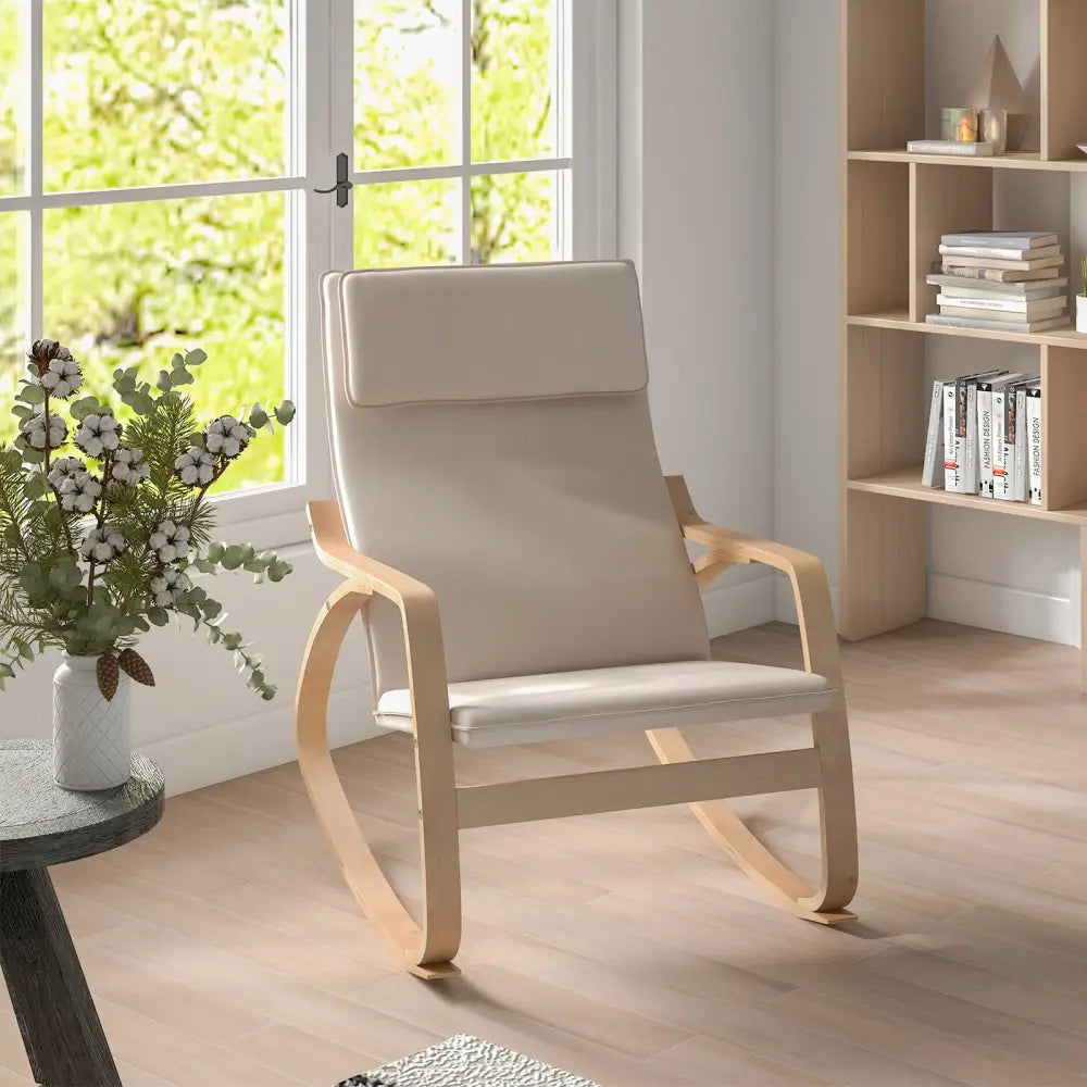 Stable Wooden Frame Leisure Rocking Chair with Removable Upholstered Cushion-Beige - Beige - Recliners