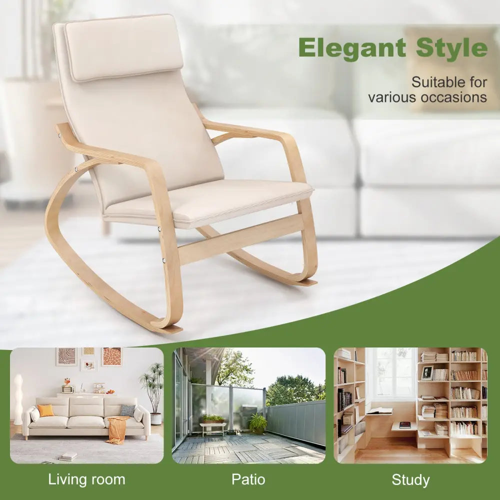 Stable Wooden Frame Leisure Rocking Chair with Removable Upholstered Cushion-Beige - Beige - Recliners