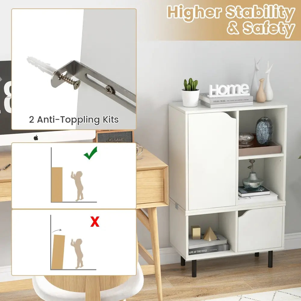 Stackable Bookcase with Adjustable Shelf and Cubes-White - White - Bookcases