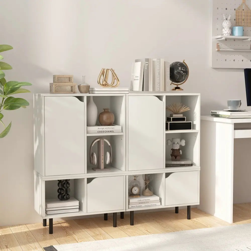 Stackable Bookcase with Adjustable Shelf and Cubes-White - White - Bookcases