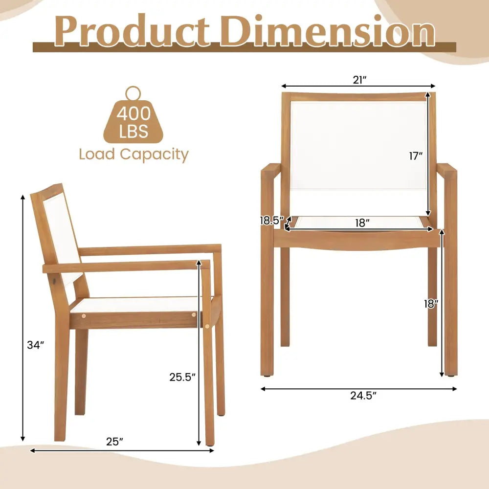 Stackable Outdoor Dining Chair Set of 2 with Acacia Wood Frame - Natural & White - Patio Dining Chairs