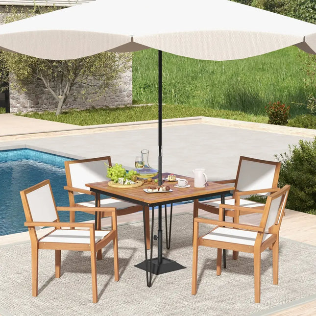 Stackable Outdoor Dining Chair Set of 2 with Acacia Wood Frame - Natural & White - Patio Dining Chairs