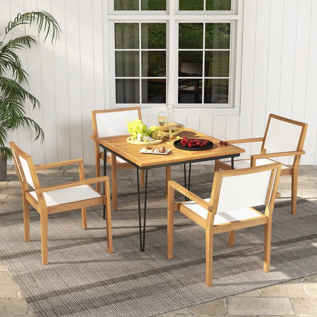 Stackable Outdoor Dining Chair Set of 2 with Acacia Wood Frame - Natural & White - Patio Dining Chairs