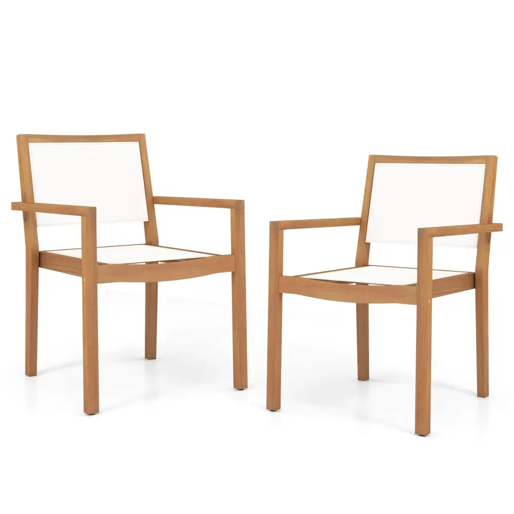 Stackable Outdoor Dining Chair Set of 2 with Acacia Wood Frame - Natural & White - Patio Dining Chairs