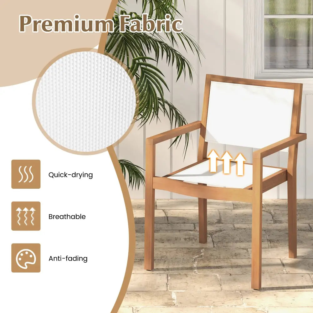 Stackable Outdoor Dining Chair Set of 2 with Acacia Wood Frame - Natural & White - Patio Dining Chairs