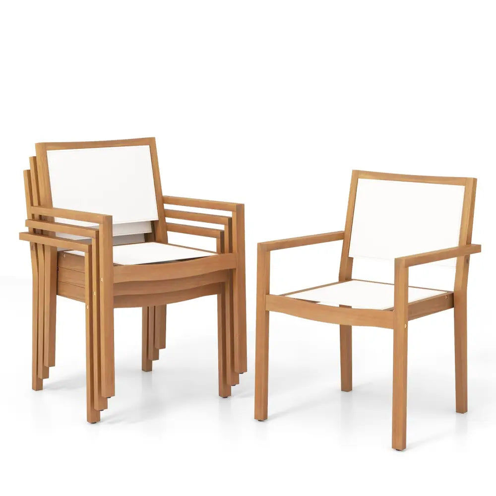 Stackable Outdoor Dining Chair Set of 2 with Acacia Wood Frame - Natural & White - Patio Dining Chairs