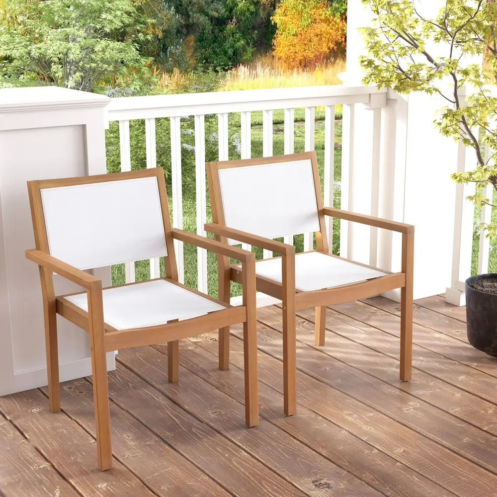 Stackable Outdoor Dining Chair Set of 2 with Acacia Wood Frame - Natural & White - Patio Dining Chairs