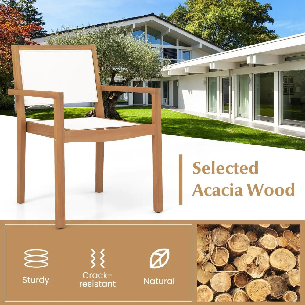 Stackable Outdoor Dining Chair Set of 2 with Acacia Wood Frame - Natural & White - Patio Dining Chairs