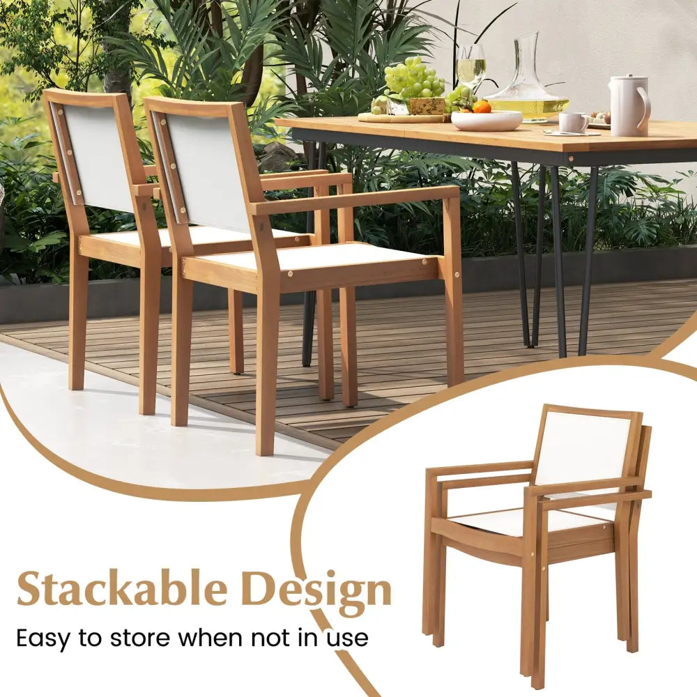 Stackable Outdoor Dining Chair Set of 2 with Acacia Wood Frame - Natural & White - Patio Dining Chairs