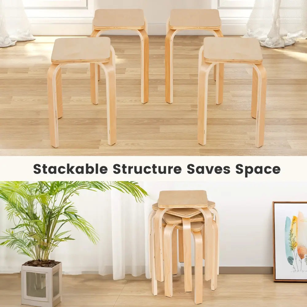 Stackable Stools Set of 4 with Square Top and Rounded Corners-Natural - Natural - Dining Chairs