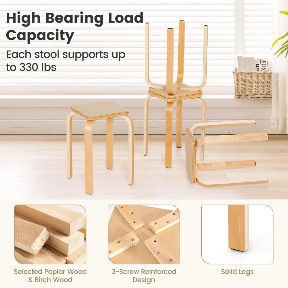 Stackable Stools Set of 4 with Square Top and Rounded Corners-Natural - Natural - Dining Chairs