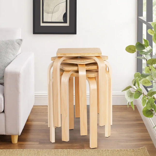 Stackable Stools Set of 4 with Square Top and Rounded Corners-Natural - Natural - Dining Chairs