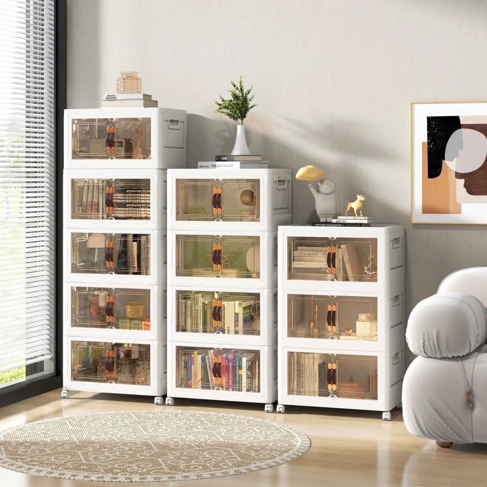 Stackable Storage Bins with Lockable Wheels-3 Pack - White - Cabinets & Chests