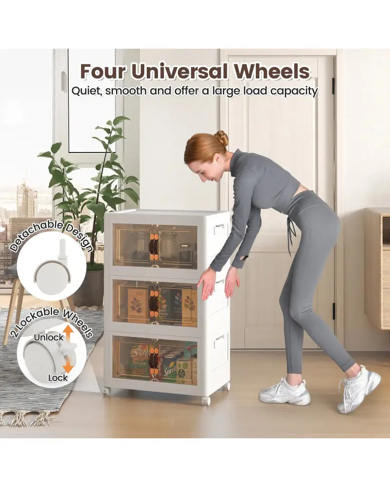 Stackable Storage Bins with Lockable Wheels-3 Pack - White - Cabinets & Chests